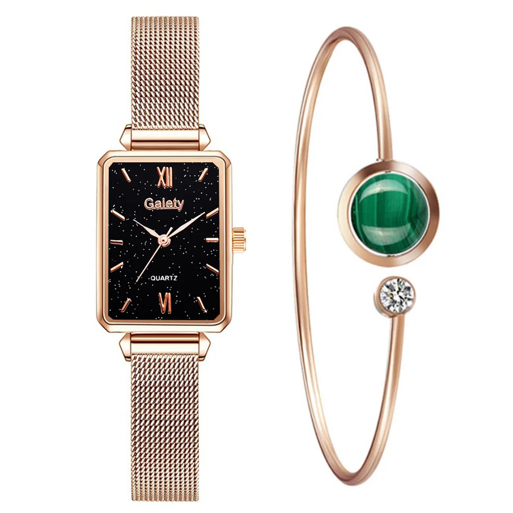 2PCs - Quartz Watch + Green Luxury Bracelet