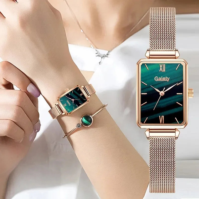 2PCs - Quartz Watch + Green Luxury Bracelet