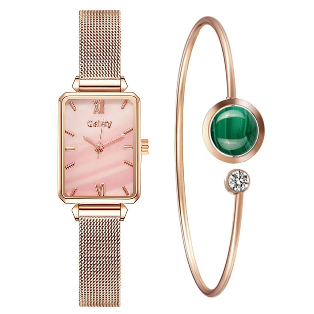 2PCs - Quartz Watch + Green Luxury Bracelet