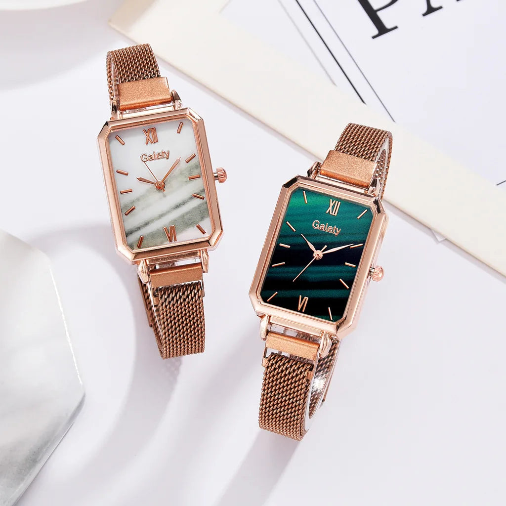 2PCs - Quartz Watch + Green Luxury Bracelet