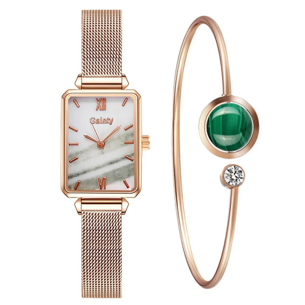 2PCs - Quartz Watch + Green Luxury Bracelet