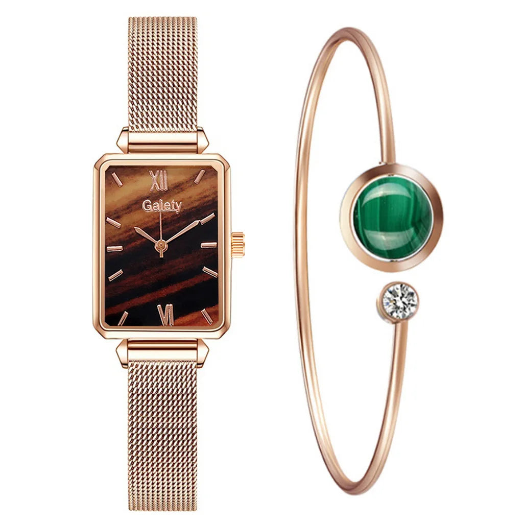 2PCs - Quartz Watch + Green Luxury Bracelet