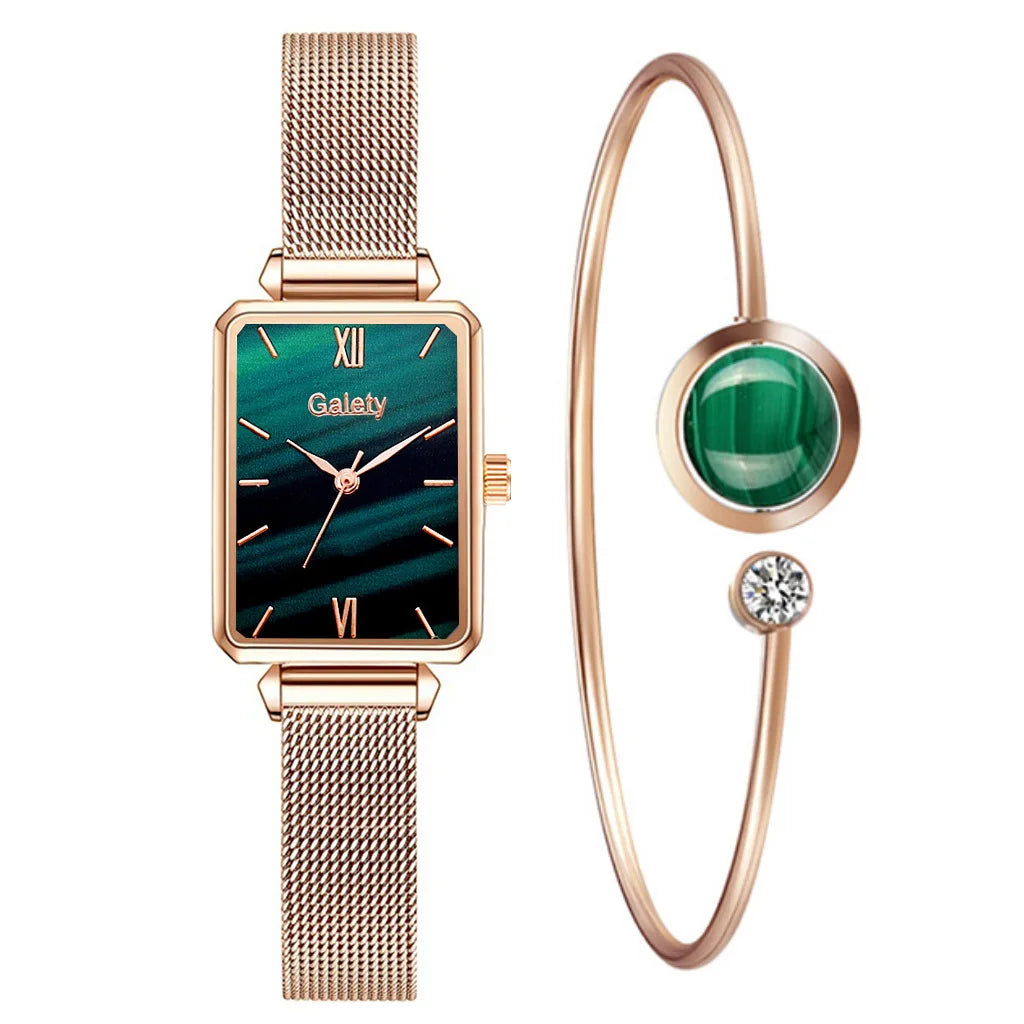 2PCs - Quartz Watch + Green Luxury Bracelet